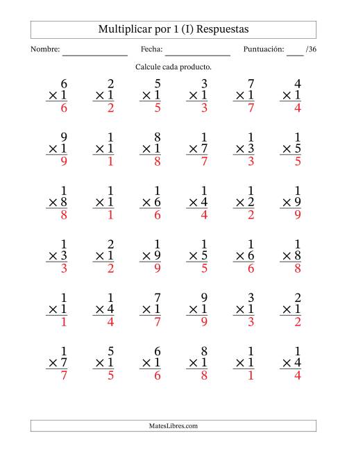 La hoja de ejercicios de Multiplicar (Factores de 1 a 9) por 1 (36 Preguntas) (I) Página 2
