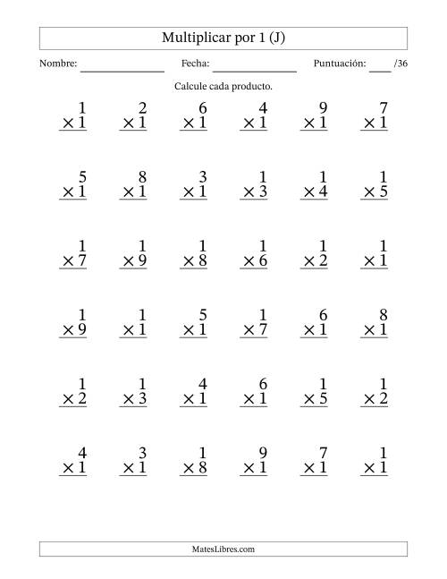 La hoja de ejercicios de Multiplicar (Factores de 1 a 9) por 1 (36 Preguntas) (J)