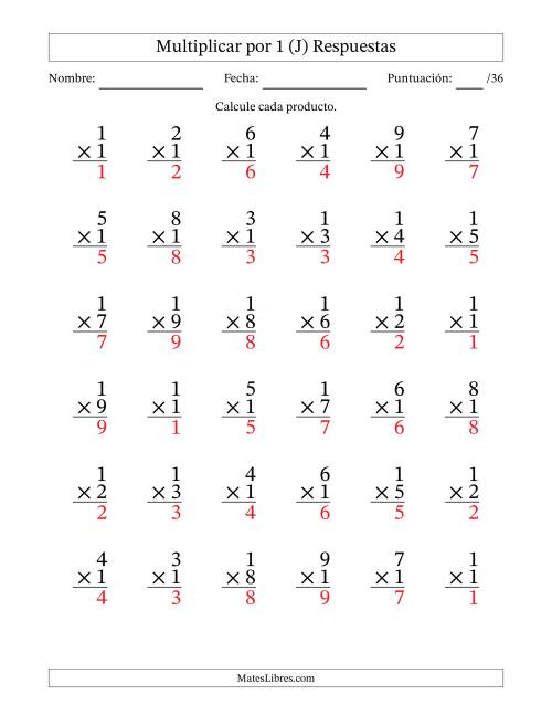 La hoja de ejercicios de Multiplicar (Factores de 1 a 9) por 1 (36 Preguntas) (J) Página 2