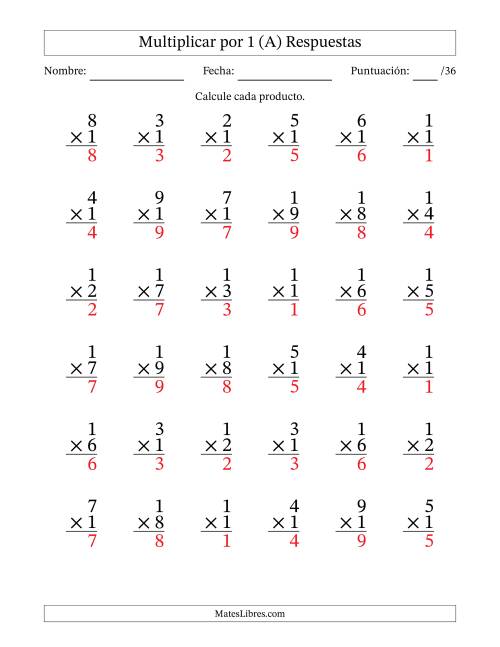 La hoja de ejercicios de Multiplicar (Factores de 1 a 9) por 1 (36 Preguntas) (Todas) Página 2