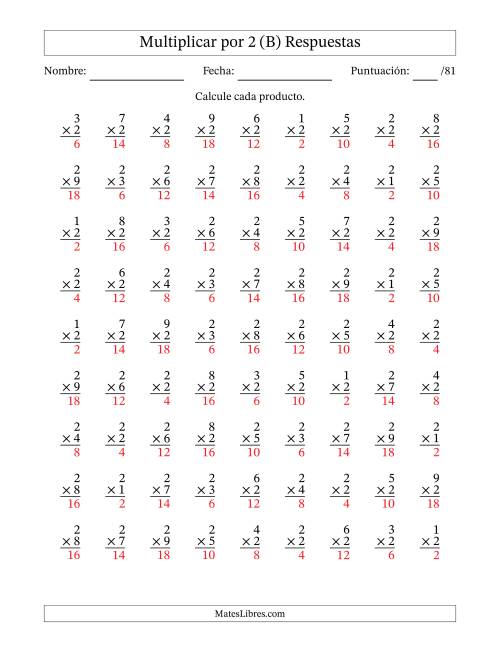 La hoja de ejercicios de Multiplicar (Factores de 1 a 9) por 2 (81 Preguntas) (B) Página 2