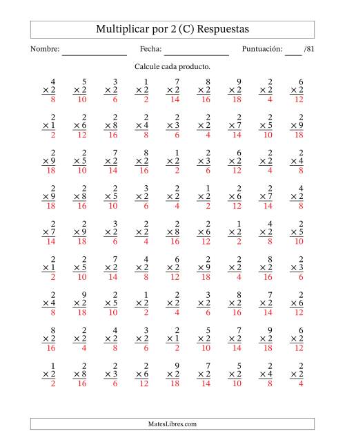 La hoja de ejercicios de Multiplicar (Factores de 1 a 9) por 2 (81 Preguntas) (C) Página 2