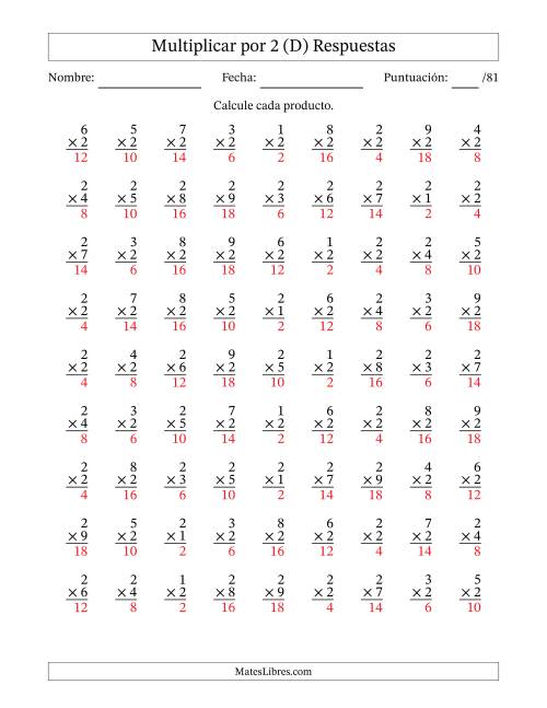 La hoja de ejercicios de Multiplicar (Factores de 1 a 9) por 2 (81 Preguntas) (D) Página 2