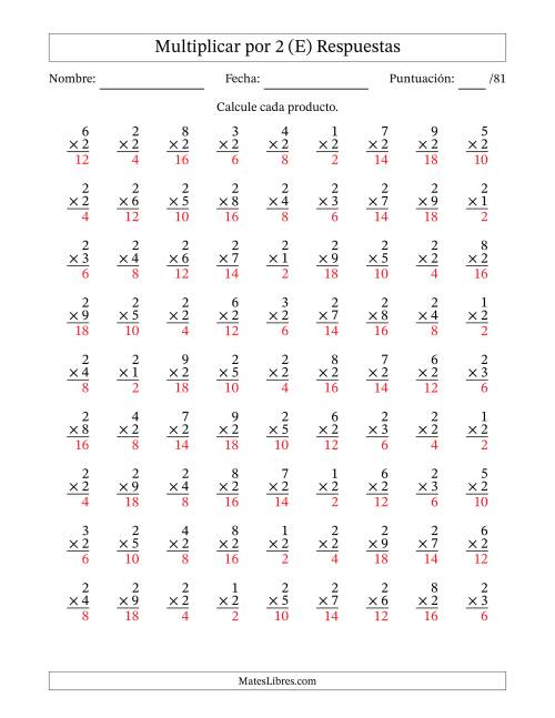La hoja de ejercicios de Multiplicar (Factores de 1 a 9) por 2 (81 Preguntas) (E) Página 2