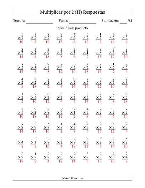 La hoja de ejercicios de Multiplicar (Factores de 1 a 9) por 2 (81 Preguntas) (H) Página 2