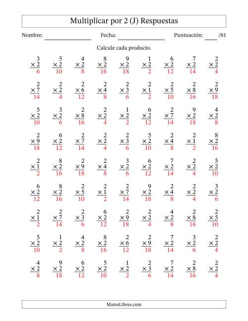 La hoja de ejercicios de Multiplicar (Factores de 1 a 9) por 2 (81 Preguntas) (J) Página 2