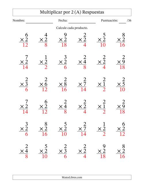 La hoja de ejercicios de Multiplicar (Factores de 1 a 9) por 2 (36 Preguntas) (A) Página 2