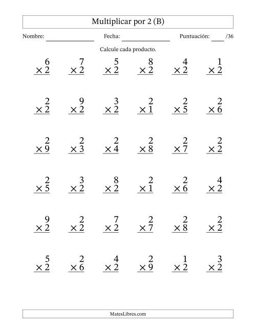 La hoja de ejercicios de Multiplicar (Factores de 1 a 9) por 2 (36 Preguntas) (B)