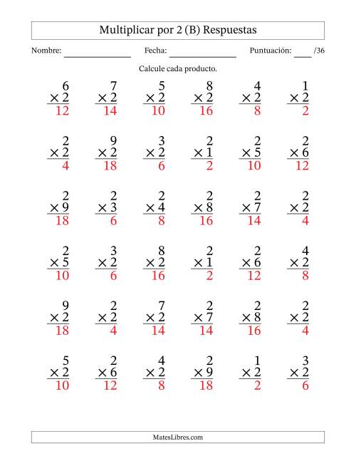 La hoja de ejercicios de Multiplicar (Factores de 1 a 9) por 2 (36 Preguntas) (B) Página 2