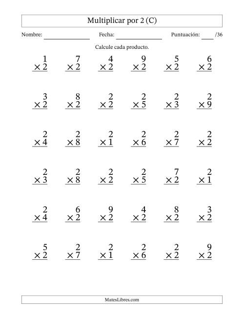 La hoja de ejercicios de Multiplicar (Factores de 1 a 9) por 2 (36 Preguntas) (C)
