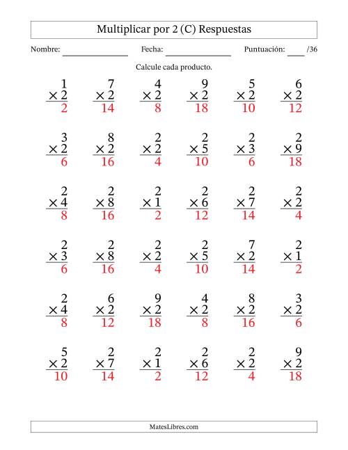 La hoja de ejercicios de Multiplicar (Factores de 1 a 9) por 2 (36 Preguntas) (C) Página 2