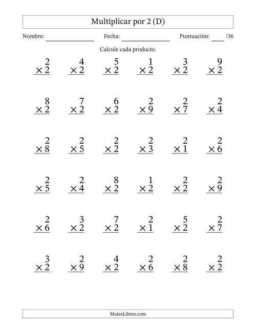 La hoja de ejercicios de Multiplicar (Factores de 1 a 9) por 2 (36 Preguntas) (D)