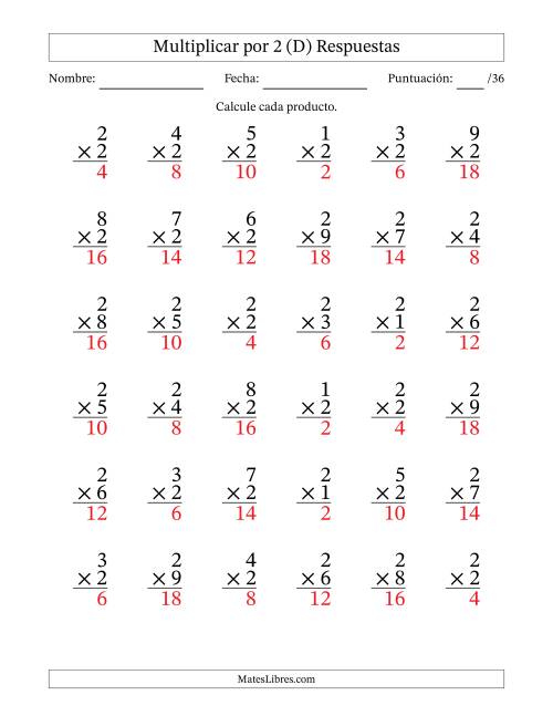 La hoja de ejercicios de Multiplicar (Factores de 1 a 9) por 2 (36 Preguntas) (D) Página 2