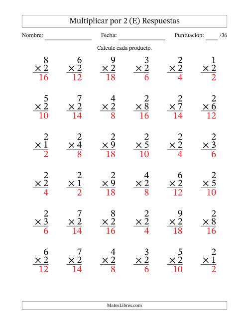 La hoja de ejercicios de Multiplicar (Factores de 1 a 9) por 2 (36 Preguntas) (E) Página 2