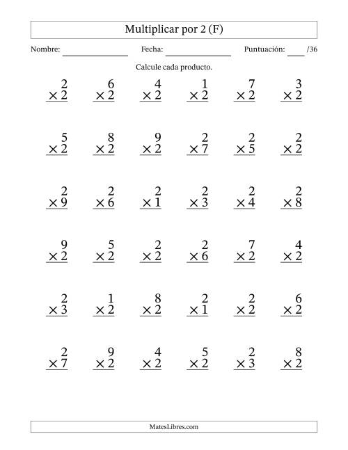La hoja de ejercicios de Multiplicar (Factores de 1 a 9) por 2 (36 Preguntas) (F)