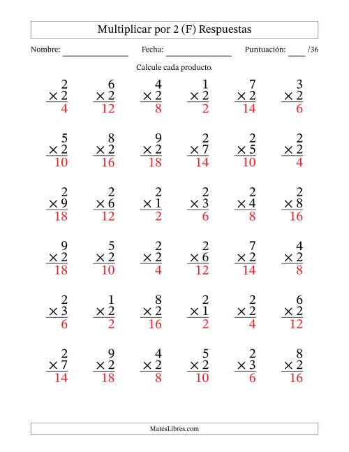 La hoja de ejercicios de Multiplicar (Factores de 1 a 9) por 2 (36 Preguntas) (F) Página 2