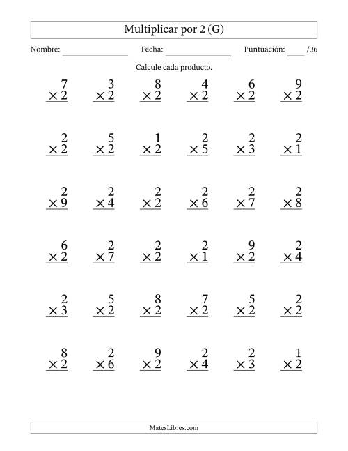 La hoja de ejercicios de Multiplicar (Factores de 1 a 9) por 2 (36 Preguntas) (G)