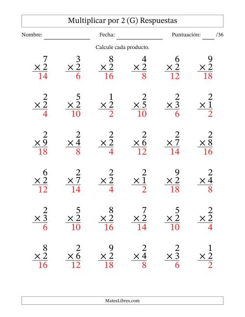 La hoja de ejercicios de Multiplicar (Factores de 1 a 9) por 2 (36 Preguntas) (G) Página 2