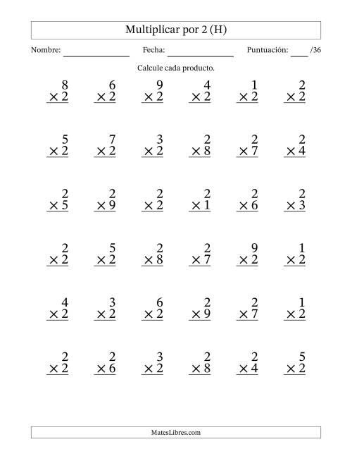 La hoja de ejercicios de Multiplicar (Factores de 1 a 9) por 2 (36 Preguntas) (H)
