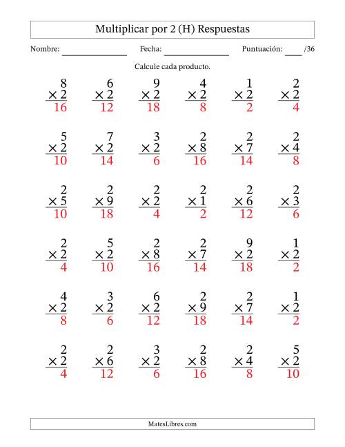 La hoja de ejercicios de Multiplicar (Factores de 1 a 9) por 2 (36 Preguntas) (H) Página 2