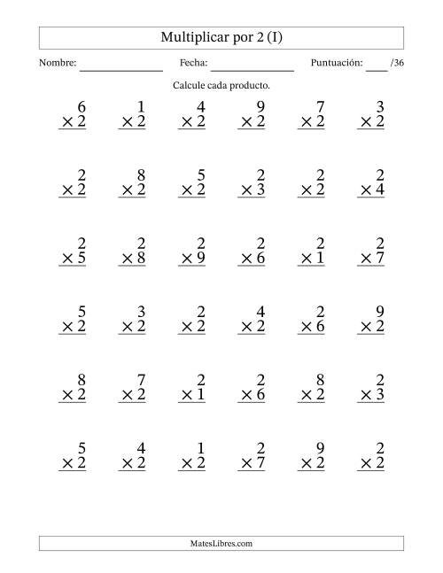 La hoja de ejercicios de Multiplicar (Factores de 1 a 9) por 2 (36 Preguntas) (I)