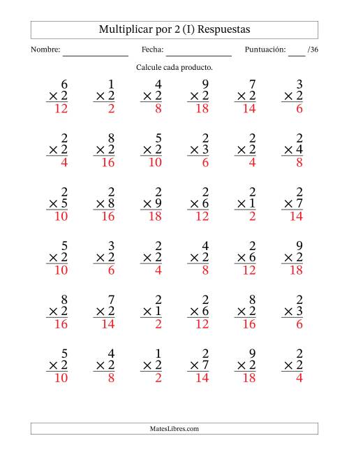 La hoja de ejercicios de Multiplicar (Factores de 1 a 9) por 2 (36 Preguntas) (I) Página 2