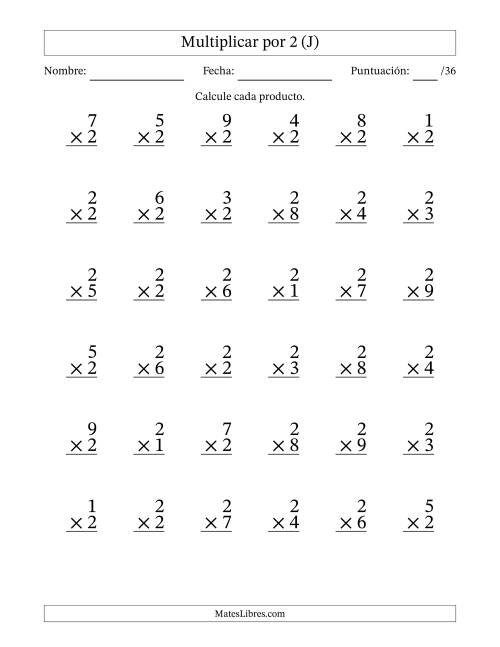 La hoja de ejercicios de Multiplicar (Factores de 1 a 9) por 2 (36 Preguntas) (J)