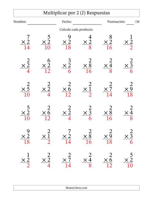 La hoja de ejercicios de Multiplicar (Factores de 1 a 9) por 2 (36 Preguntas) (J) Página 2