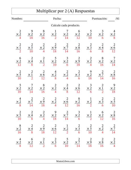 La hoja de ejercicios de Multiplicar (Factores de 1 a 9) por 2 (81 Preguntas) (Todas) Página 2
