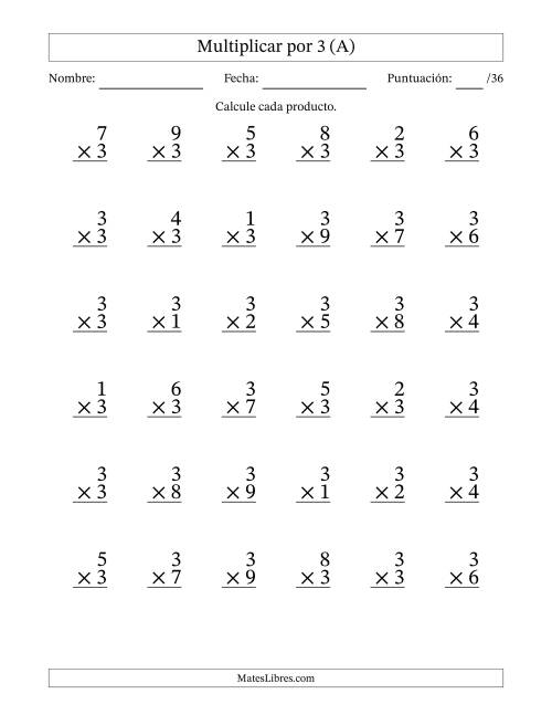 La hoja de ejercicios de Multiplicar (Factores de 1 a 9) por 3 (36 Preguntas) (A)