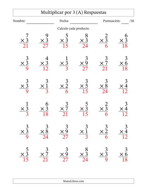 La hoja de ejercicios de Multiplicar (Factores de 1 a 9) por 3 (36 Preguntas) (A) Página 2