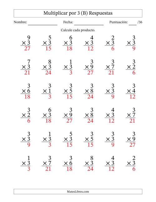 La hoja de ejercicios de Multiplicar (Factores de 1 a 9) por 3 (36 Preguntas) (B) Página 2