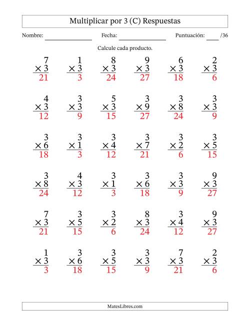 La hoja de ejercicios de Multiplicar (Factores de 1 a 9) por 3 (36 Preguntas) (C) Página 2