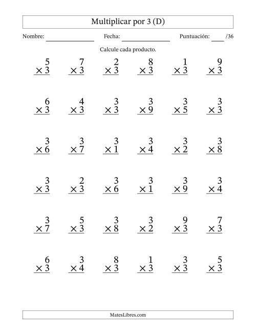 La hoja de ejercicios de Multiplicar (Factores de 1 a 9) por 3 (36 Preguntas) (D)