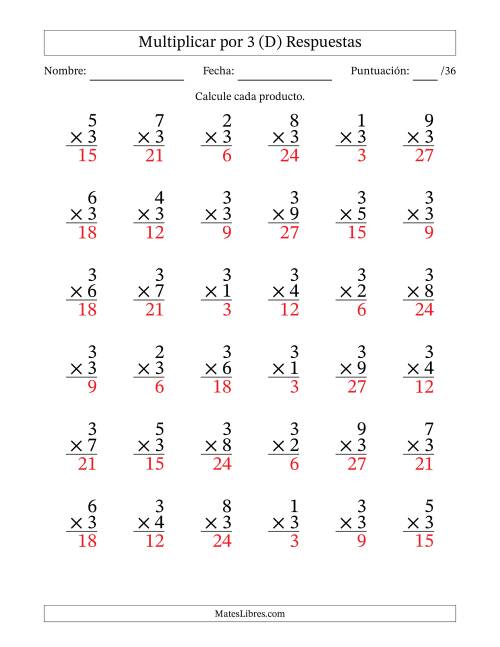 La hoja de ejercicios de Multiplicar (Factores de 1 a 9) por 3 (36 Preguntas) (D) Página 2