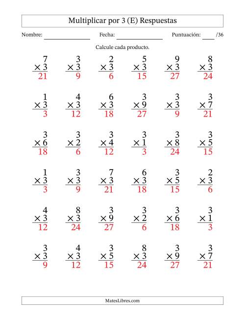 La hoja de ejercicios de Multiplicar (Factores de 1 a 9) por 3 (36 Preguntas) (E) Página 2