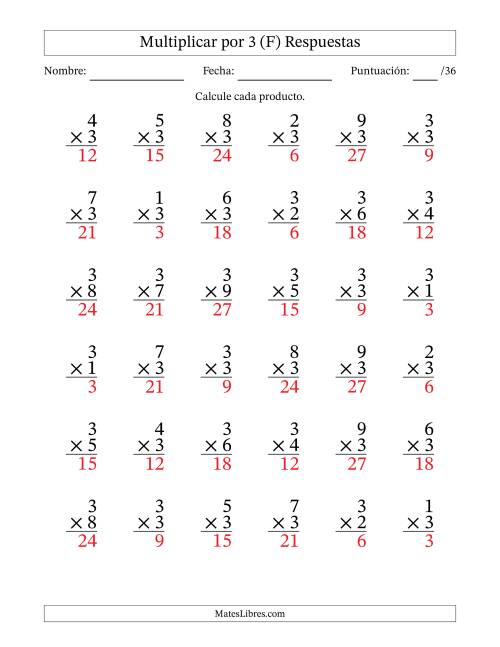 La hoja de ejercicios de Multiplicar (Factores de 1 a 9) por 3 (36 Preguntas) (F) Página 2