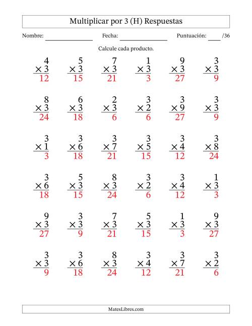 La hoja de ejercicios de Multiplicar (Factores de 1 a 9) por 3 (36 Preguntas) (H) Página 2