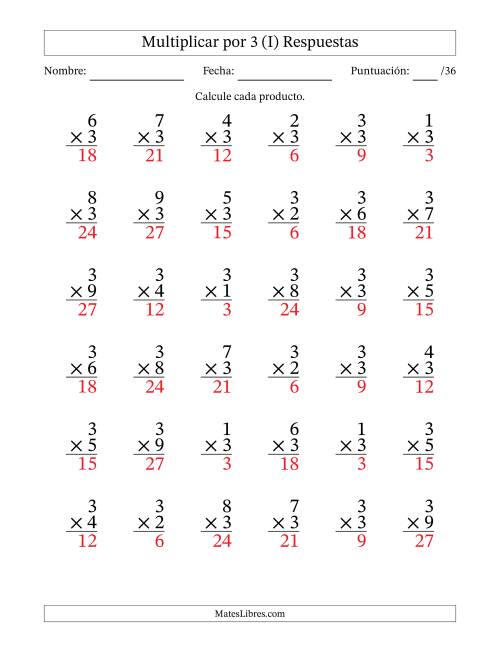 La hoja de ejercicios de Multiplicar (Factores de 1 a 9) por 3 (36 Preguntas) (I) Página 2