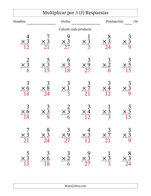 La hoja de ejercicios de Multiplicar (Factores de 1 a 9) por 3 (36 Preguntas) (J) Página 2