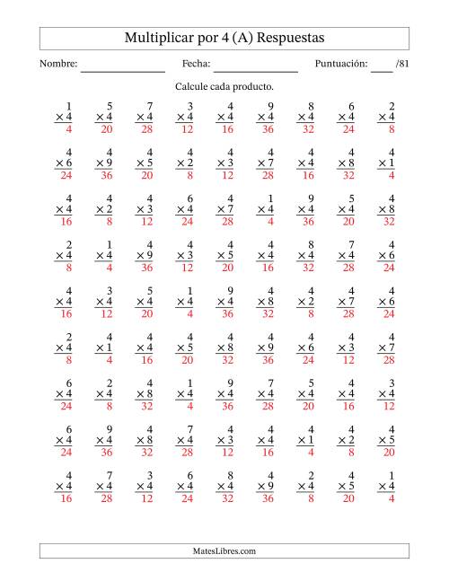 La hoja de ejercicios de Multiplicar (Factores de 1 a 9) por 4 (81 Preguntas) (A) Página 2