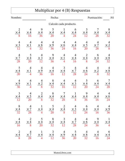 La hoja de ejercicios de Multiplicar (Factores de 1 a 9) por 4 (81 Preguntas) (B) Página 2
