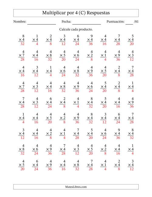 La hoja de ejercicios de Multiplicar (Factores de 1 a 9) por 4 (81 Preguntas) (C) Página 2