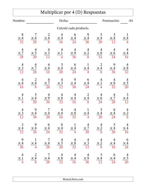 La hoja de ejercicios de Multiplicar (Factores de 1 a 9) por 4 (81 Preguntas) (D) Página 2