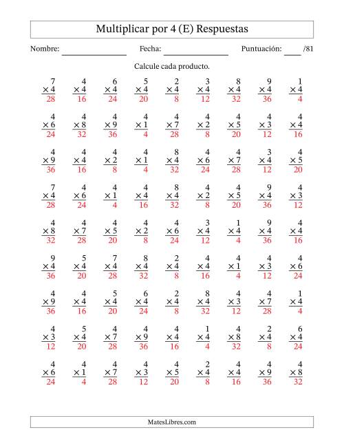 La hoja de ejercicios de Multiplicar (Factores de 1 a 9) por 4 (81 Preguntas) (E) Página 2