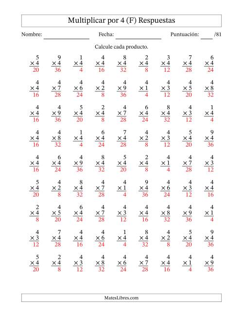 La hoja de ejercicios de Multiplicar (Factores de 1 a 9) por 4 (81 Preguntas) (F) Página 2