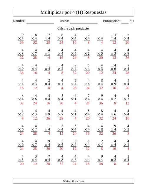 La hoja de ejercicios de Multiplicar (Factores de 1 a 9) por 4 (81 Preguntas) (H) Página 2