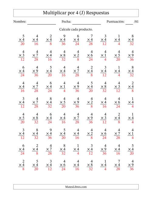 La hoja de ejercicios de Multiplicar (Factores de 1 a 9) por 4 (81 Preguntas) (J) Página 2