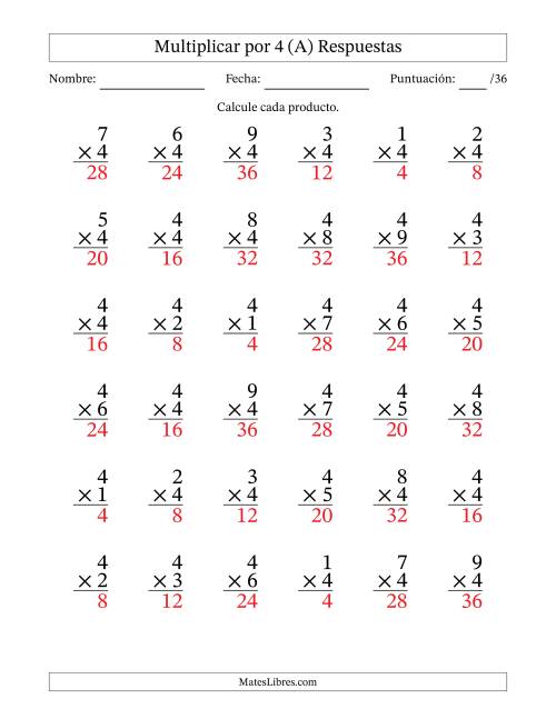 La hoja de ejercicios de Multiplicar (Factores de 1 a 9) por 4 (36 Preguntas) (A) Página 2