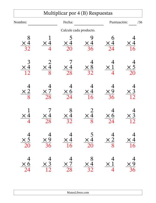 La hoja de ejercicios de Multiplicar (Factores de 1 a 9) por 4 (36 Preguntas) (B) Página 2